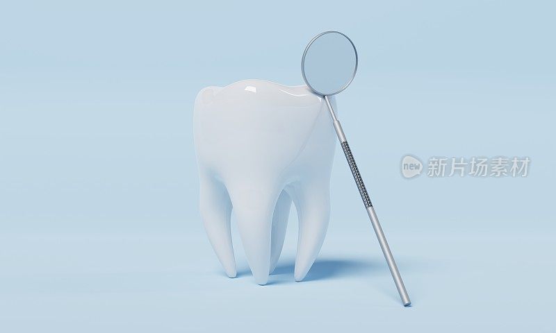 牙齿与牙齿检查镜蓝色背景。牙科保健理念。3 d演示呈现